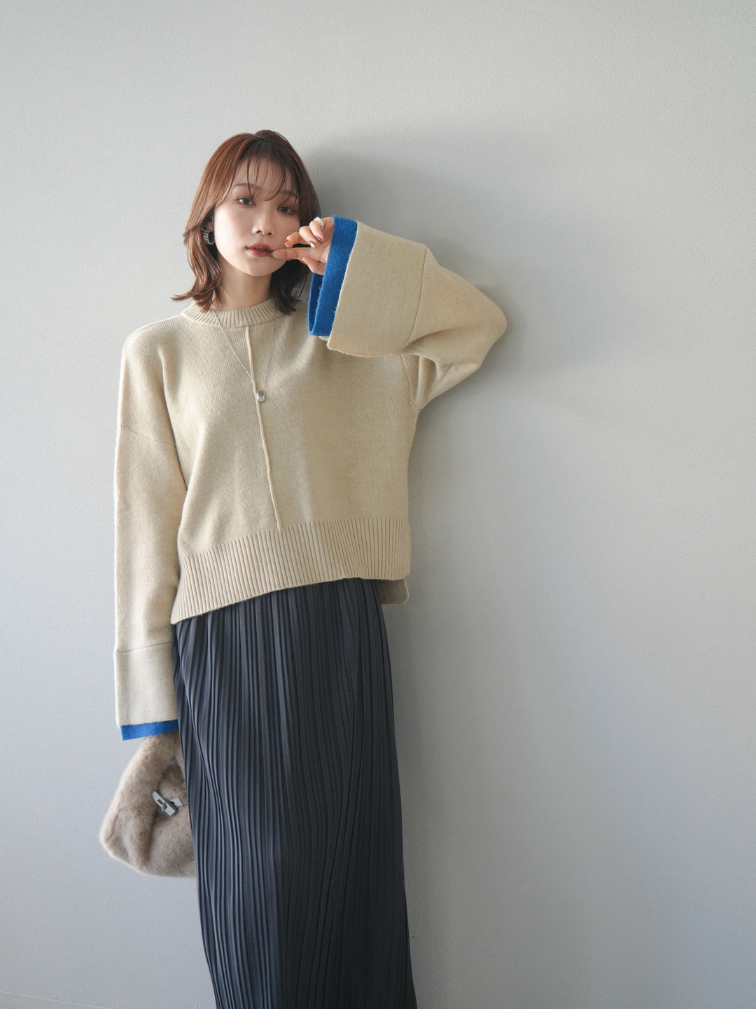 [SET]袖レイヤード配色ニットプルオーバー+プリーツIラインスカート(2set)