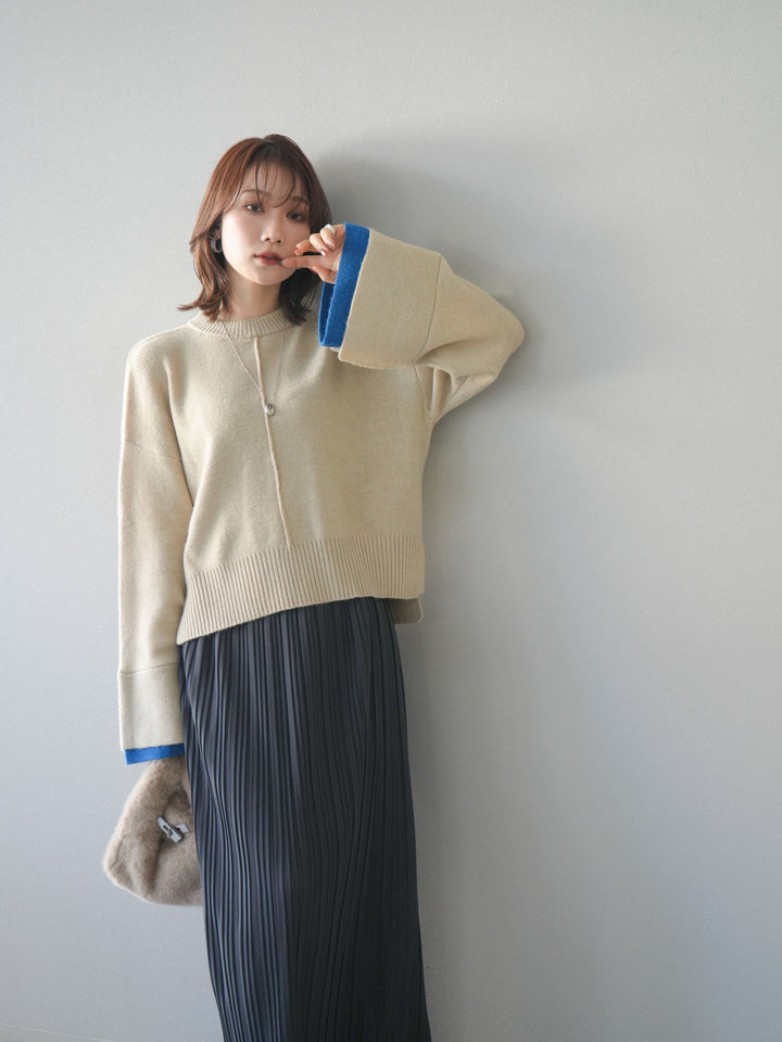 [SET]袖レイヤード配色ニットプルオーバー+プリーツIラインスカート(2set)