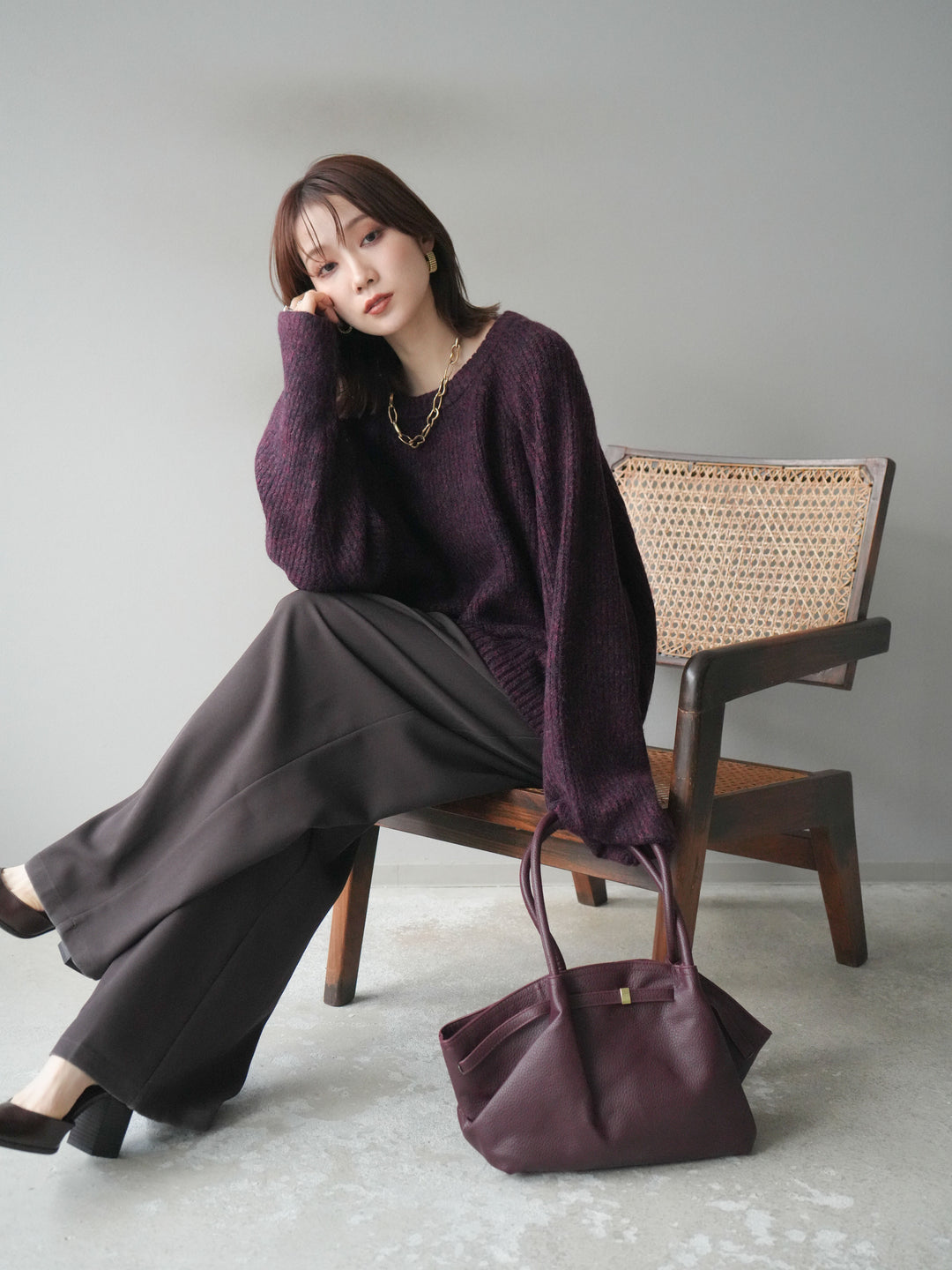 [予約]クルーネック畦編みミックスニット/bordeaux