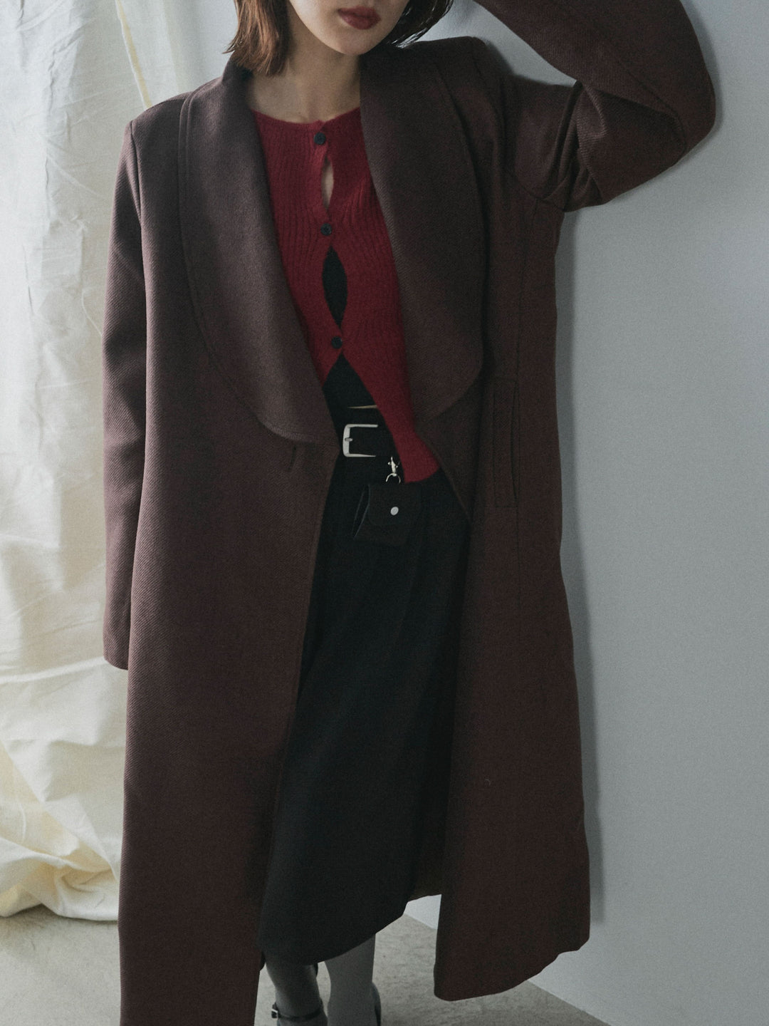 【Allure】[SET]ツイードタッチロングコート+ベルト付ウールタッチミディアムパンツ(2set)