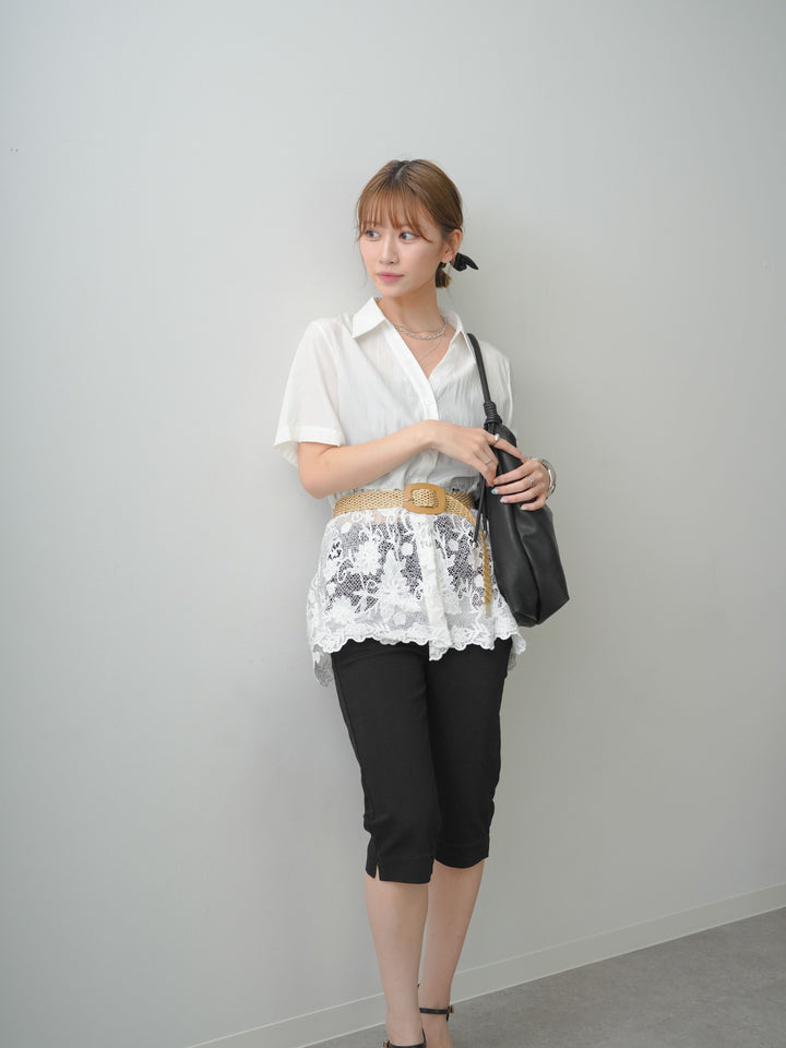 [予約]ベルト付レースドッキング半袖シャツブラウス/white