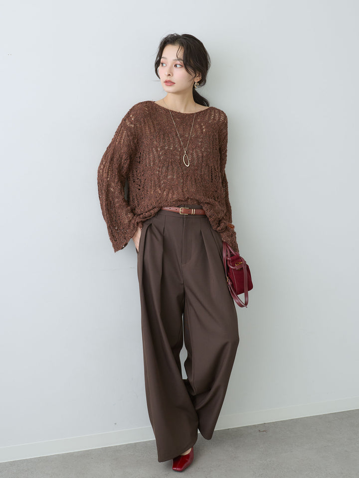 [SET]ミックスループ透かし編みニットトップス+ツイルタックワイドパンツ(2set)