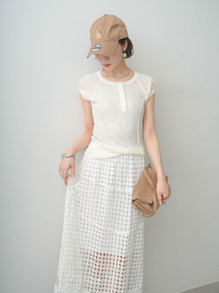 【套裝】亨利羅紋法式夏季針織上衣+隨機鉤針半裙（兩件組）