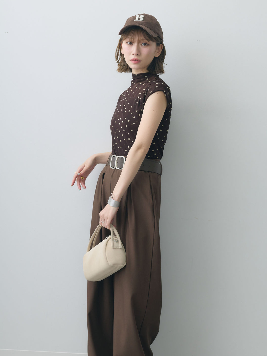 [SET]プチネックドットシアートップス+ダブルバックルベルト付ワイドパンツ(2set)