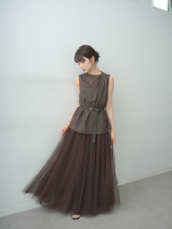 [予約]リネンライクサイドショルダーギャザーノースリトップス/brown