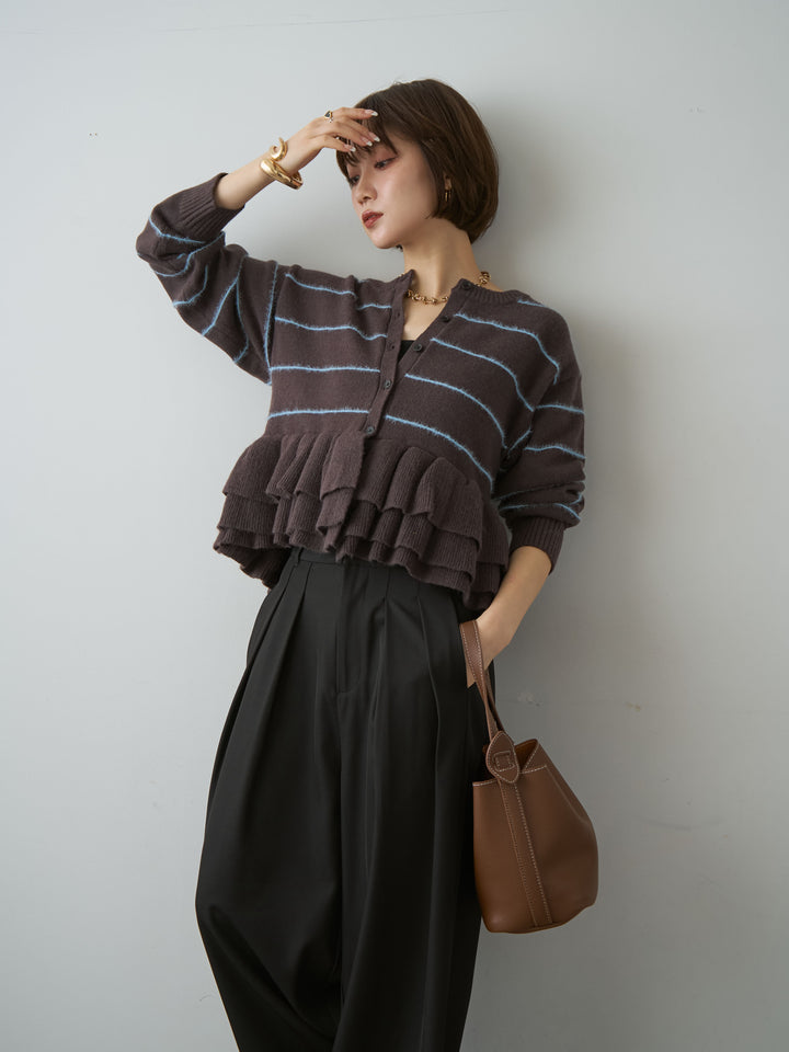 [SET]フェザーボーダーフリルカーディガン+フェザーボーダーフリルカーディガン(2set)
