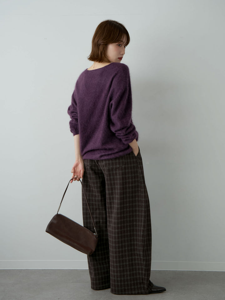 [SET]カシミア混フェザータッチVネックニットトップス+チェックサイドベルトデザインタックパンツ(2set)