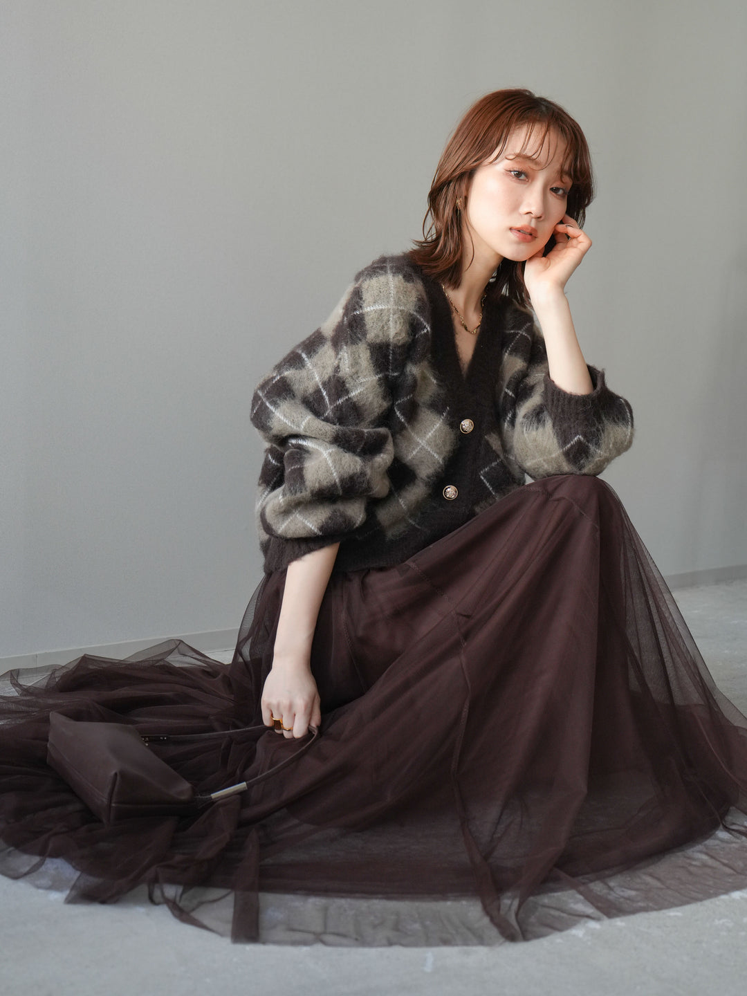 [予約]アーガイルシャギーニットカーディガン/brown