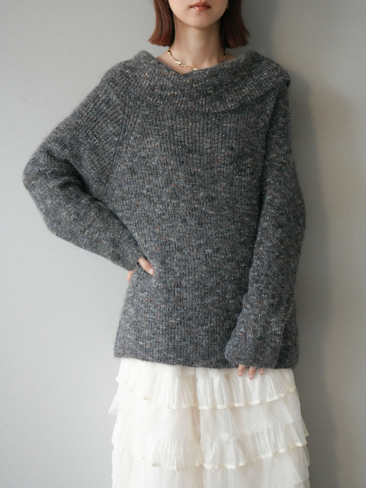 [予約]ミックスヤーンオフショルルーズニットプルオーバー/グレー