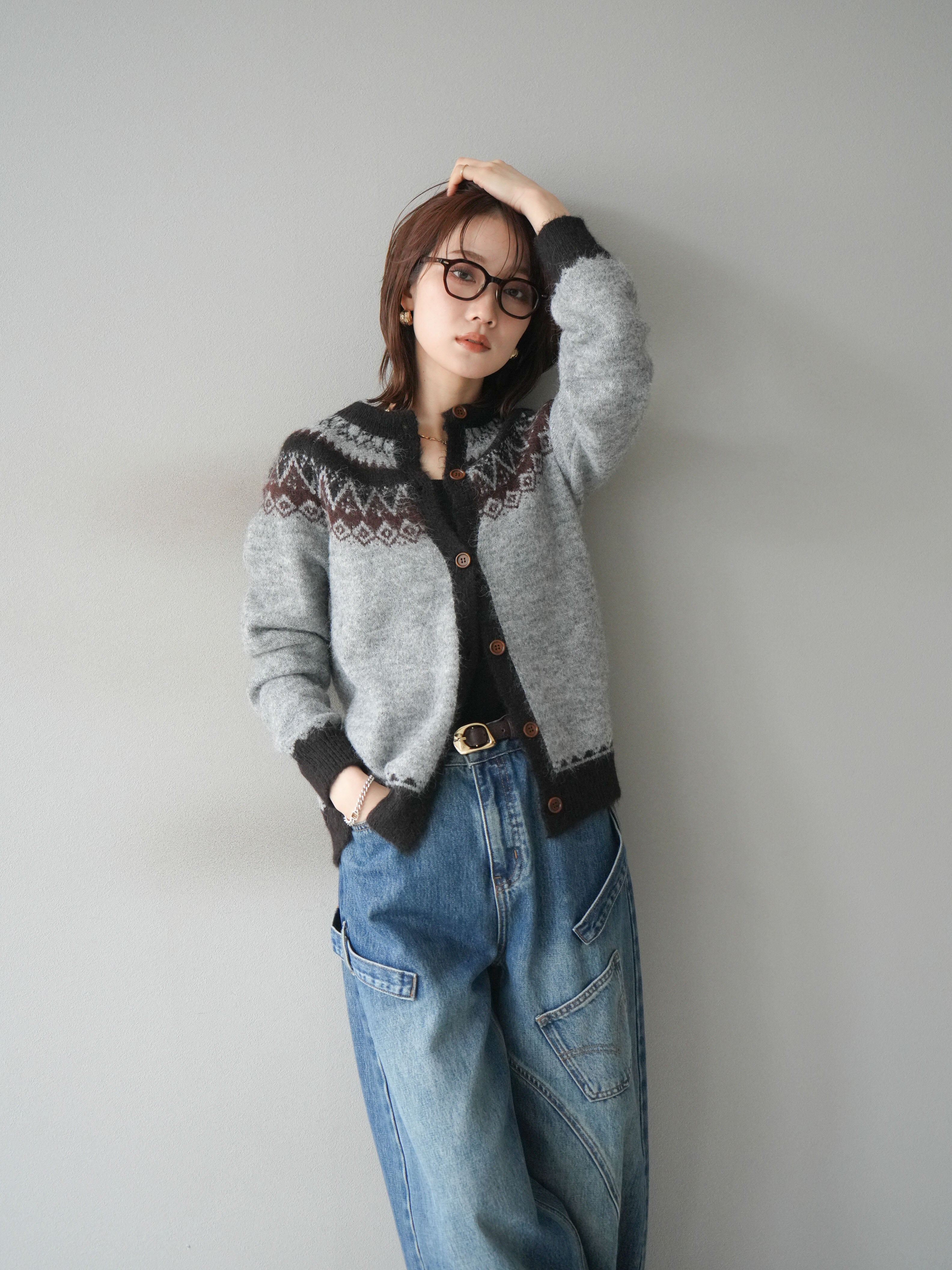 SET]ノルディック柄ニットカーディガン+ペインターカーブデニムパンツ