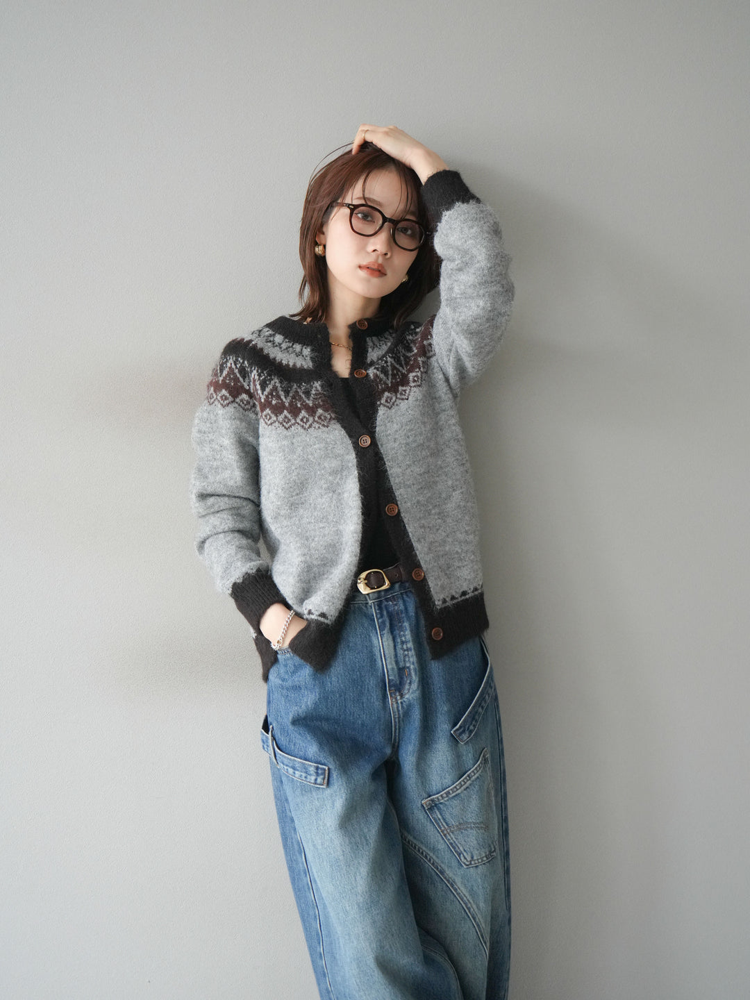 [SET]ノルディック柄ニットカーディガン+ペインターカーブデニムパンツ(2set)