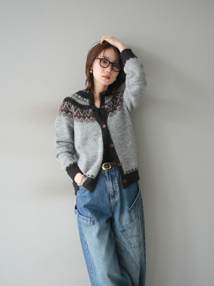 [SET]ノルディック柄ニットカーディガン+ペインターカーブデニムパンツ(2set)