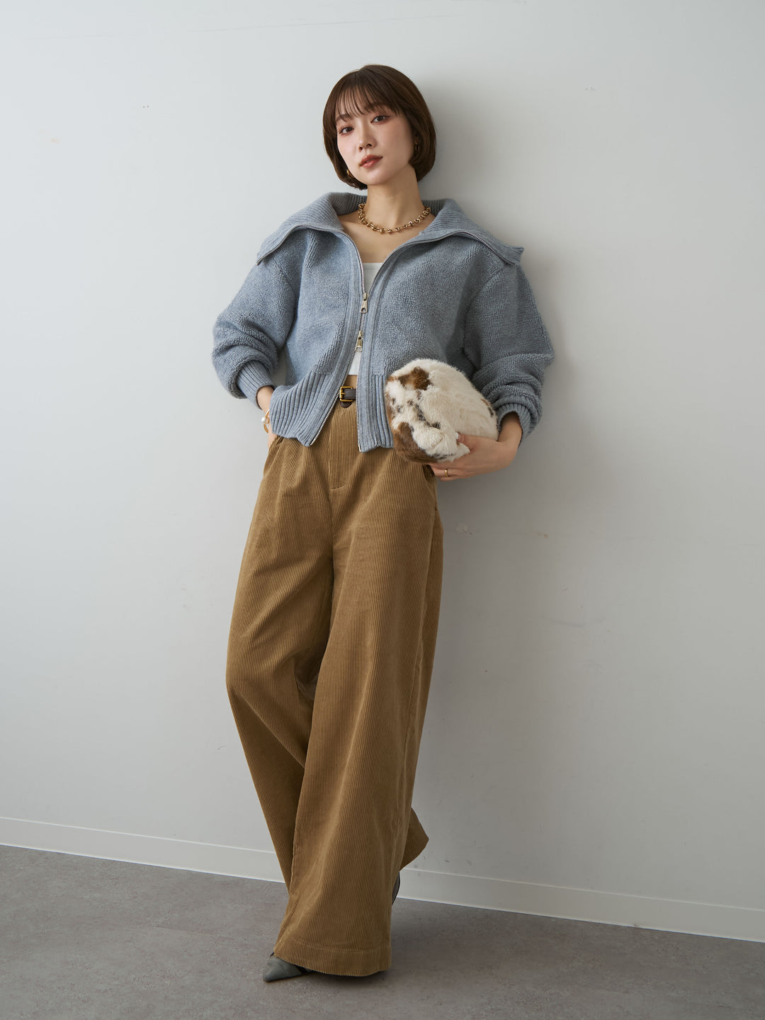 [SET]リブカラー圧縮ブークレニットブルゾン+ベルト付コーディロイワイドストレートパンツ(2set)