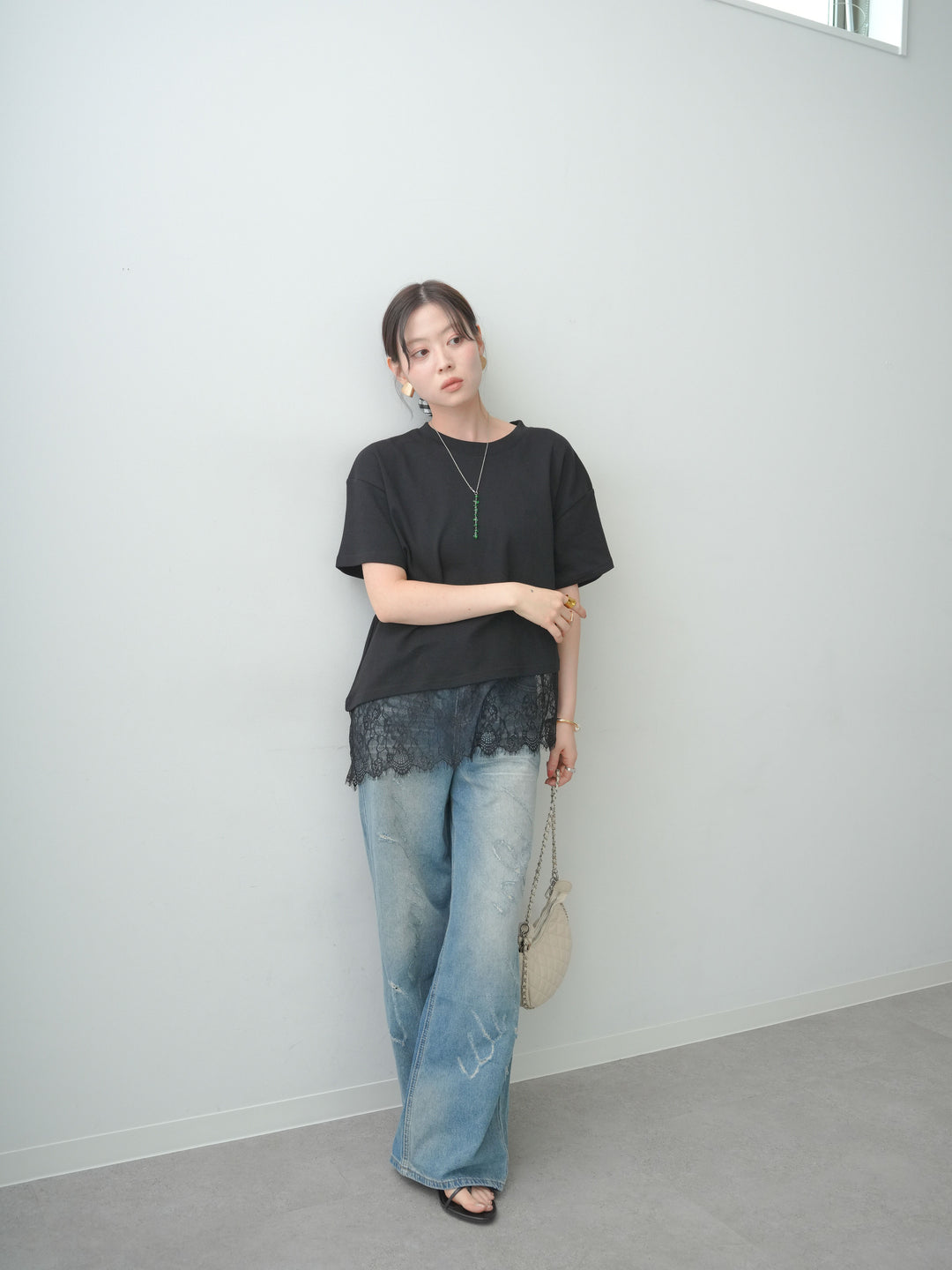 [SET]アシメレースヘムワイドTEE+グラフィックスクラッチワイドデニム(2set)