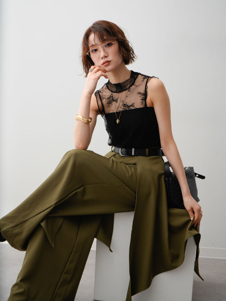[予約]シースルーストレッチレースノースリトップス/black