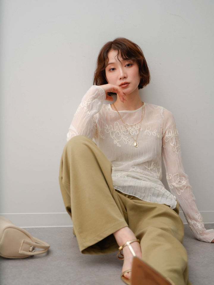 [SET]コード刺繍シアーロングスリーブトップス+選べるアクセセット(2set)