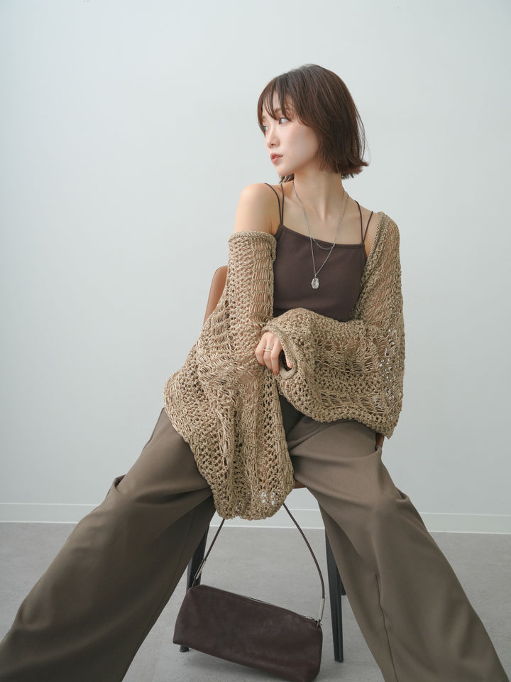 [SET]ミックスメッシュニットボレロ+カップ付きバッククロスキャミソール+クレープデシンタックワイドパンツ(3set)