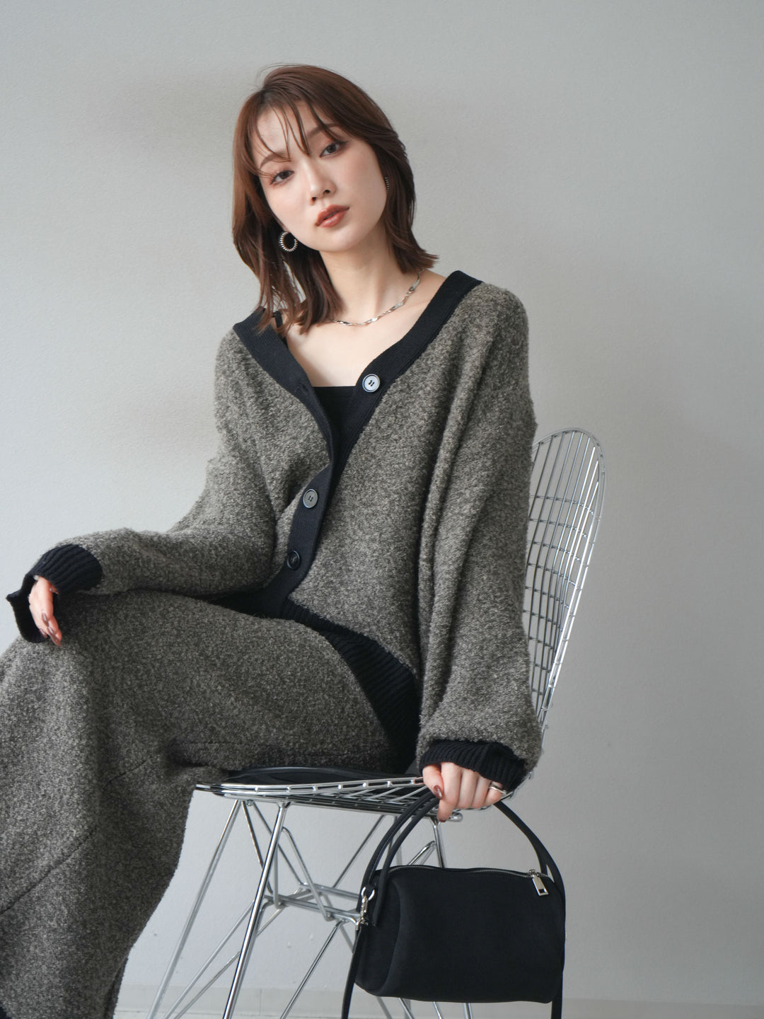 [SET]ブークレバイカラーニットカーディガン+ブークレバイカラータイトニットスカート(2set)