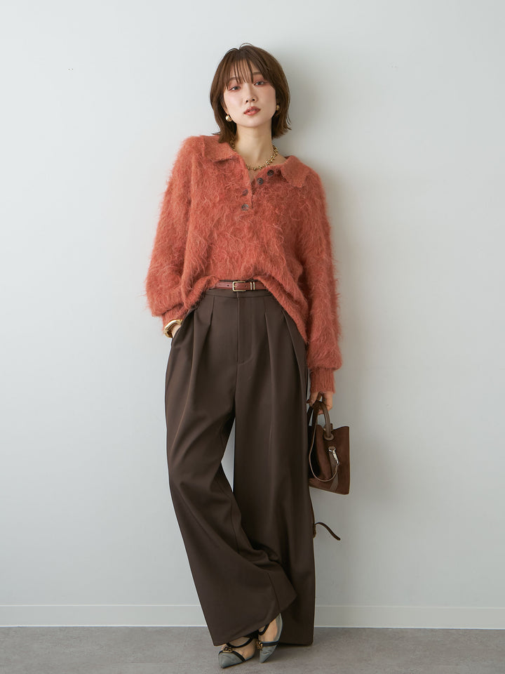 [SET]ヘンリーシャギーニットトップス+ツイルタックワイドパンツ(2set)