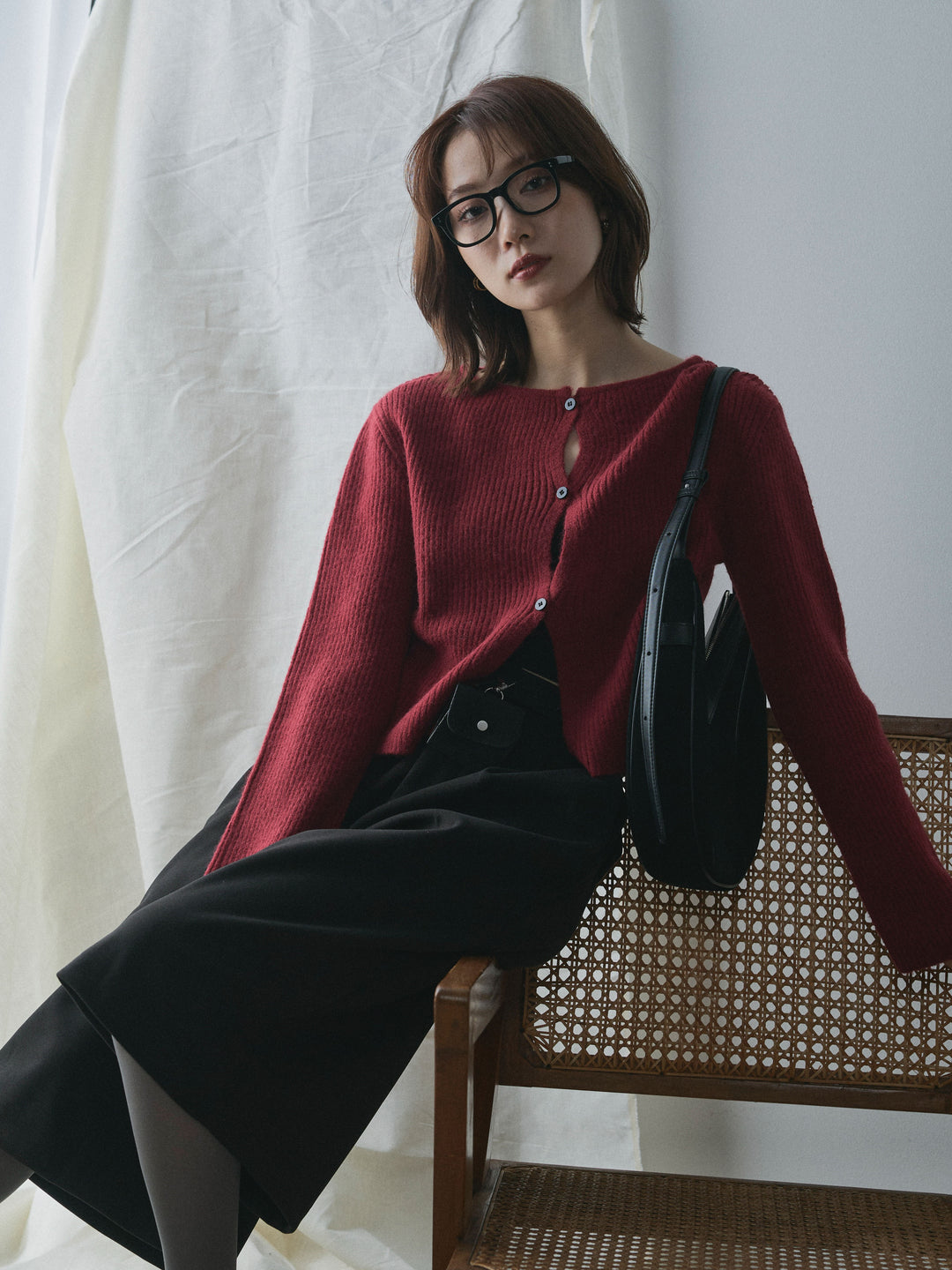 【Allure】[SET]デザインショートニットカーディガン+ベルト付ウールタッチミディアムパンツ(2set)