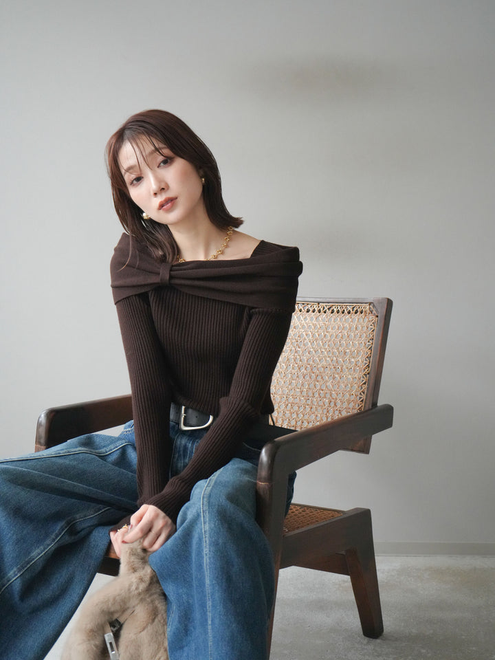 [予約]リボンモチーフオフショルリブニットトップス/brown