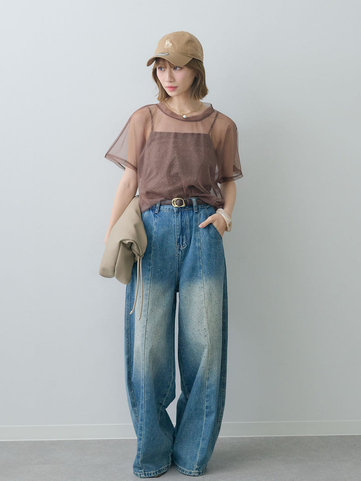 [SET]インナーキャミ付シアーオーバーTEE+フロントビジューカーブデニムパンツ(2set)