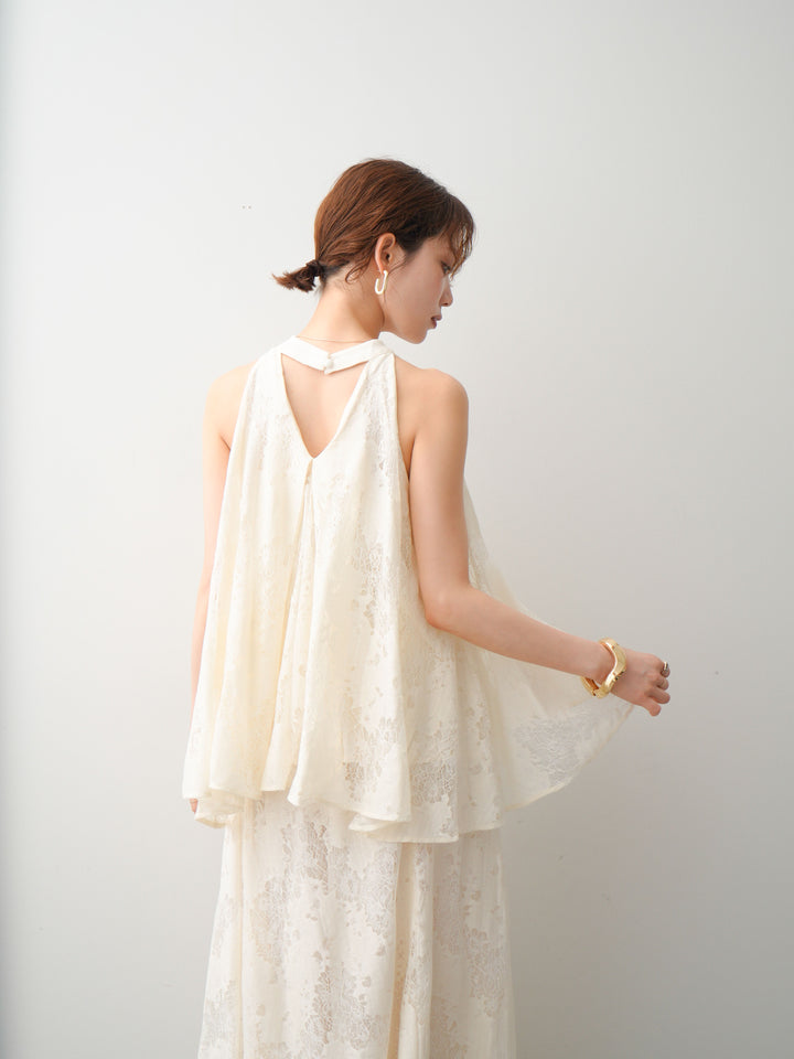 [SET]ベルト付ホルターレースフレアトップス＆レースマキシスカートSET