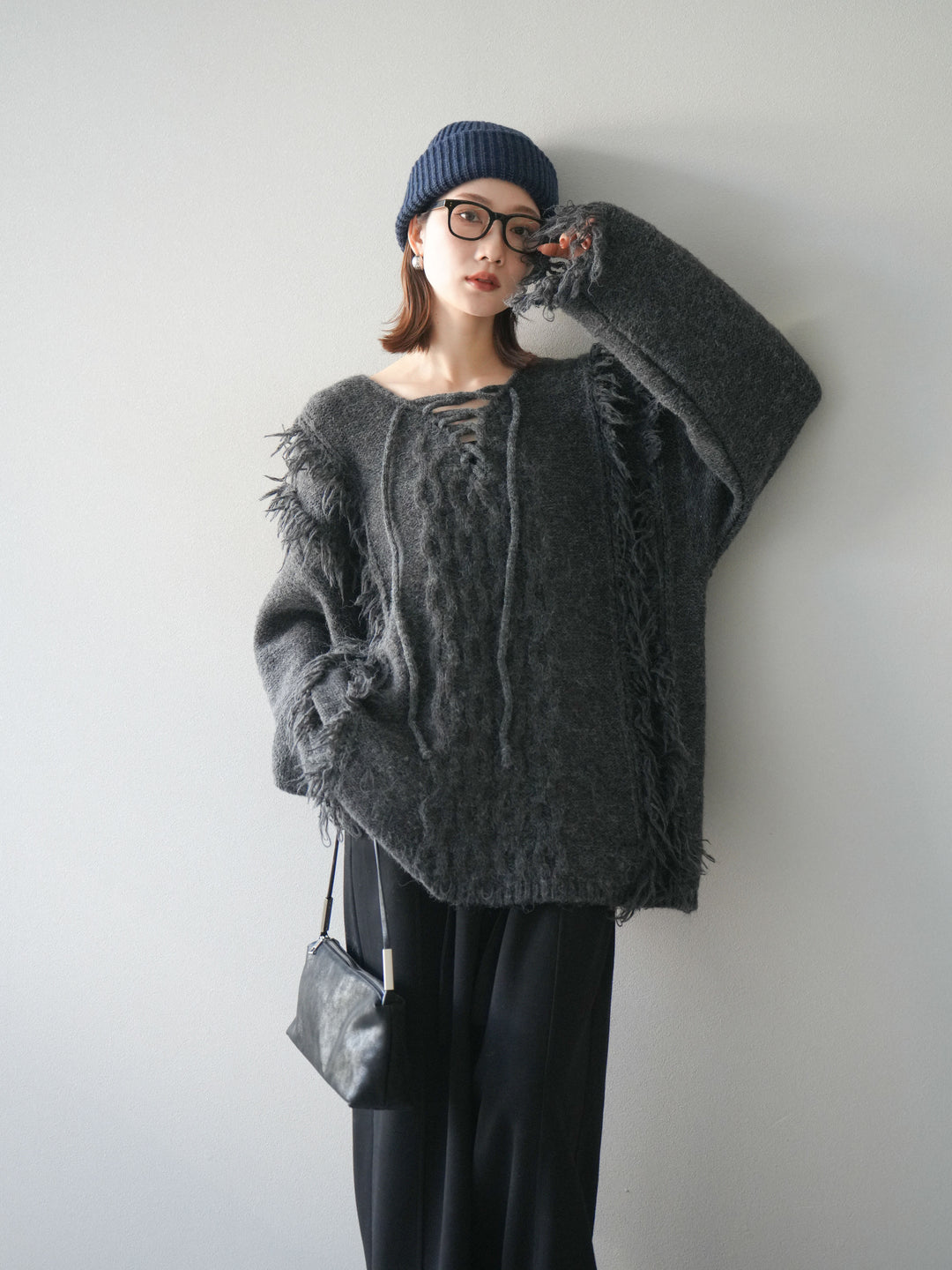 [予約]レースアップフリンジニットプルオーバー/gray