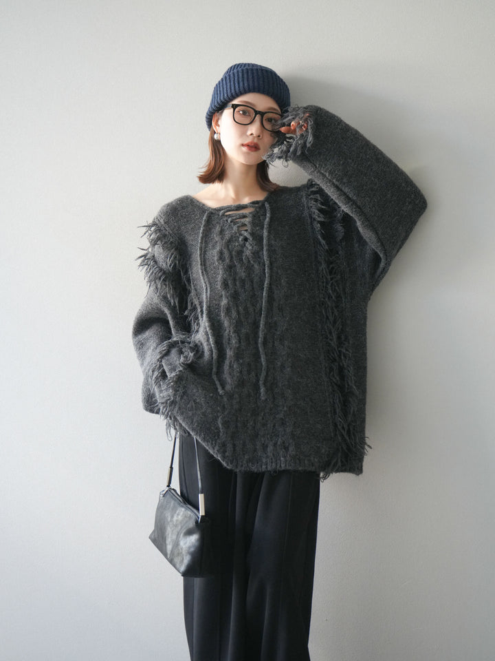 [予約]レースアップフリンジニットプルオーバー/gray