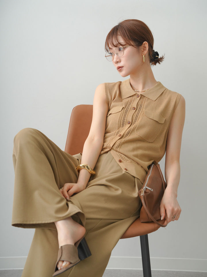 [予約]ダブルポケットポロニットトップス/beige