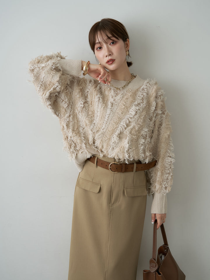 [SET]フリンジジャガードニットプルオーバー+クレープデシンフラップ付きストレートスカート(2set)