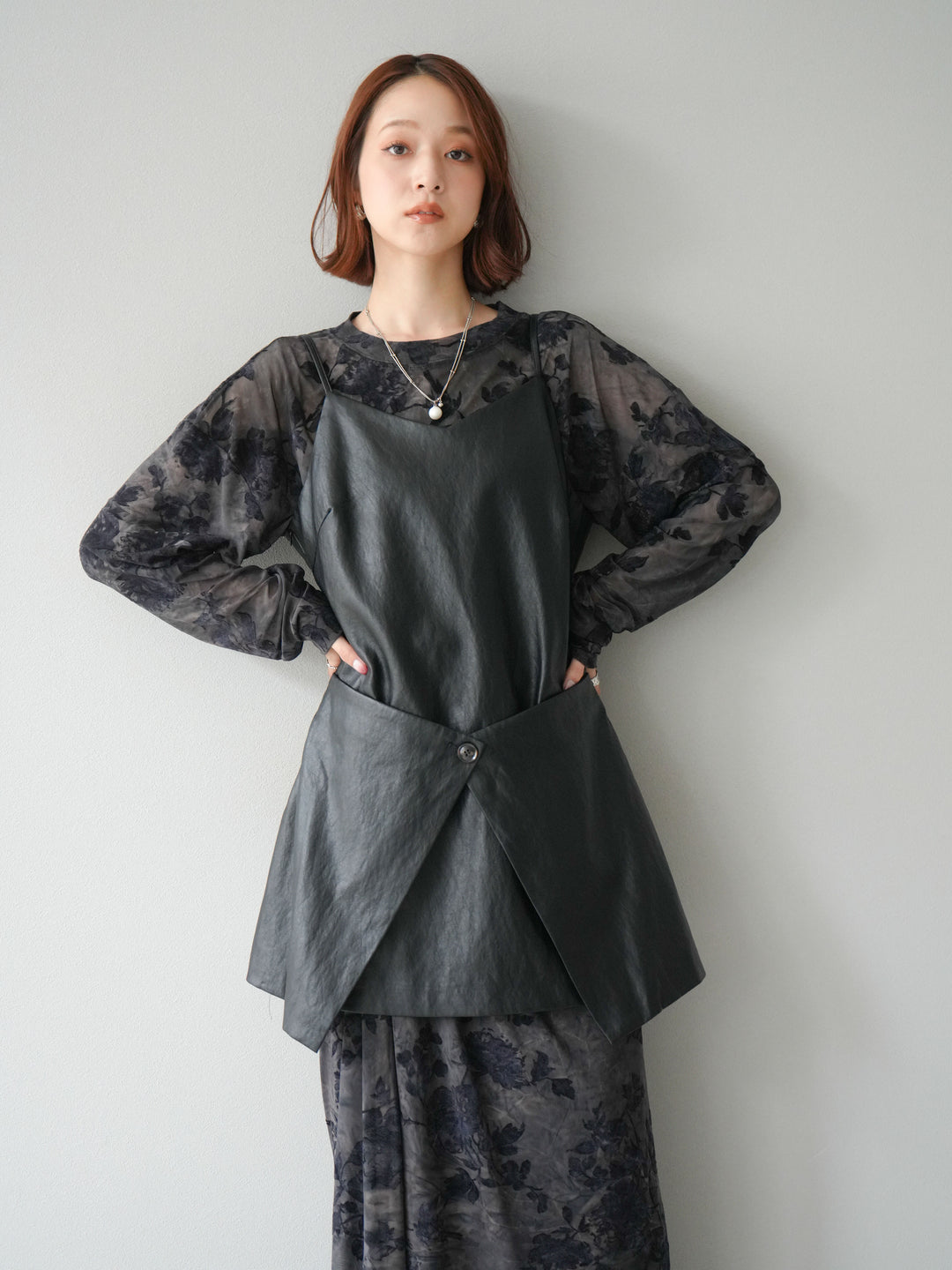 [予約]レイヤードレザーキャミソールチュニック/ブラック