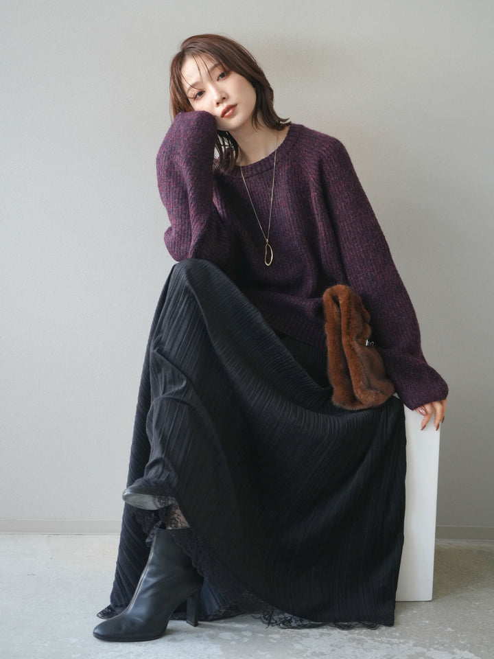 [予約]クルーネック畦編みミックスニット/bordeaux