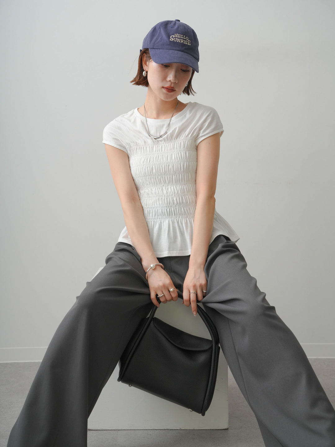 [SET]フレンチスリーブシャーリングトップス+ベルトループデザインワイドパンツ(2set)