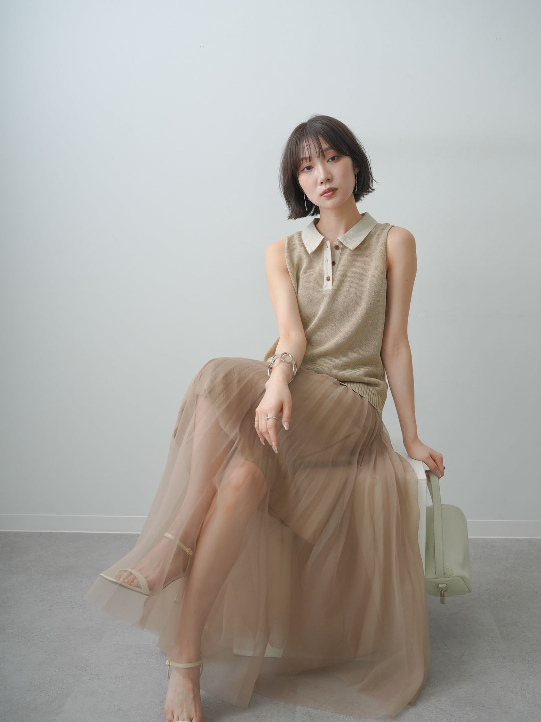 [予約]ポロカラーシアーノースリニットトップス/beige