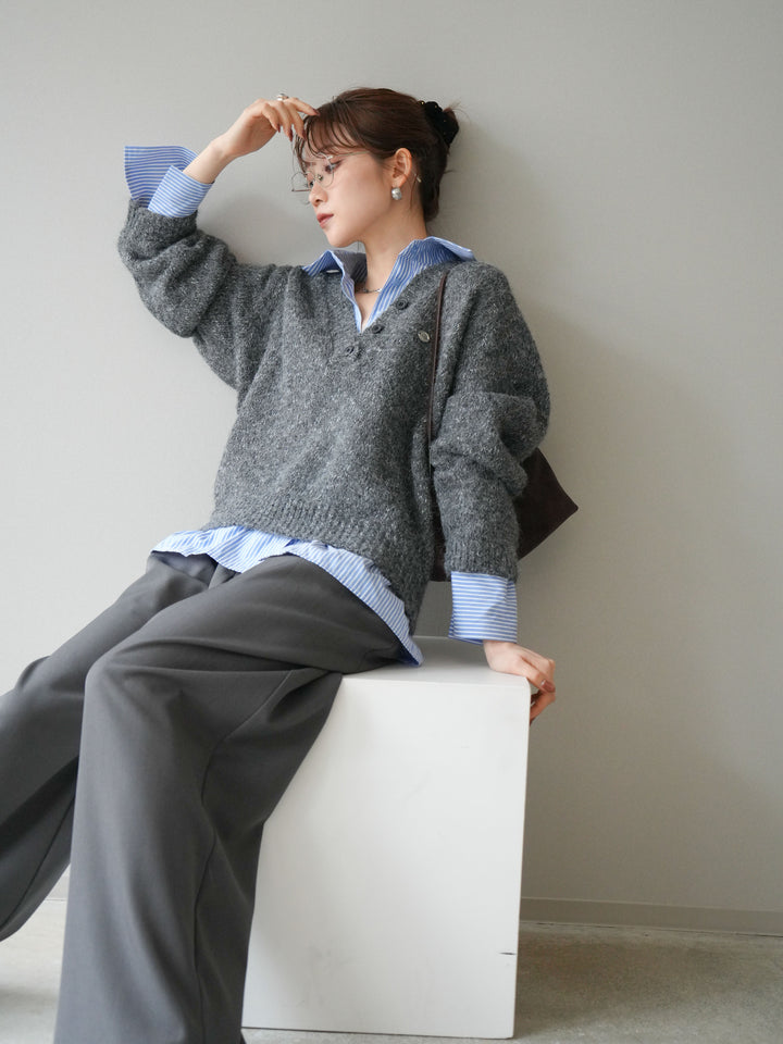 [予約]ストライプシャツドッキングMIXヤーンニットプルオーバー/charcoal