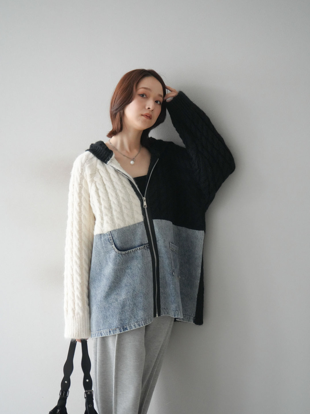 [予約]デニム×バイカラーニットZIPフーディ/black