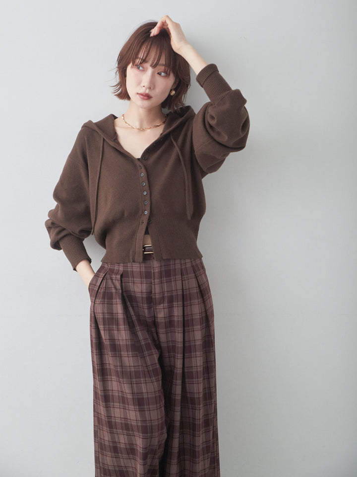 [SET]ボリュームスリーブフードニットカーディガン+チェックドレープワイドパンツ(2set)