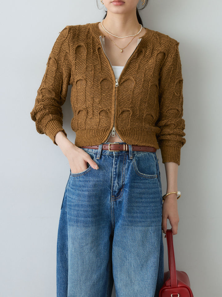 【預購】環形麻花雙拉鍊短款針織衫 / 棕色
