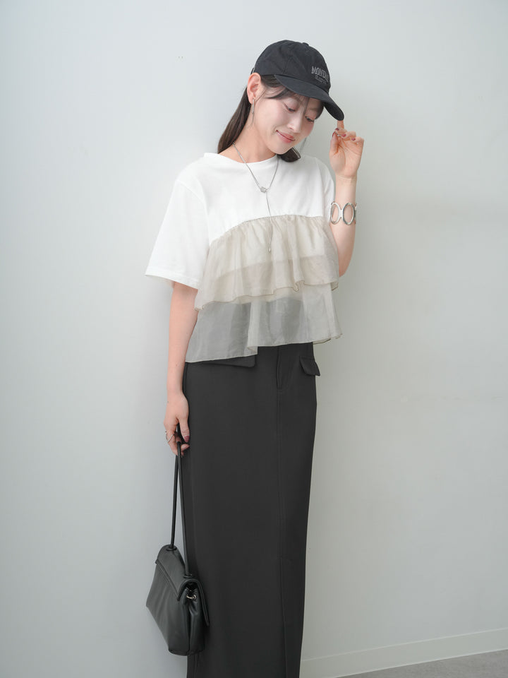 [SET]オーガンジーフリルドッキングTEE+クレープデシンフラップ付きストレートスカート(2set)