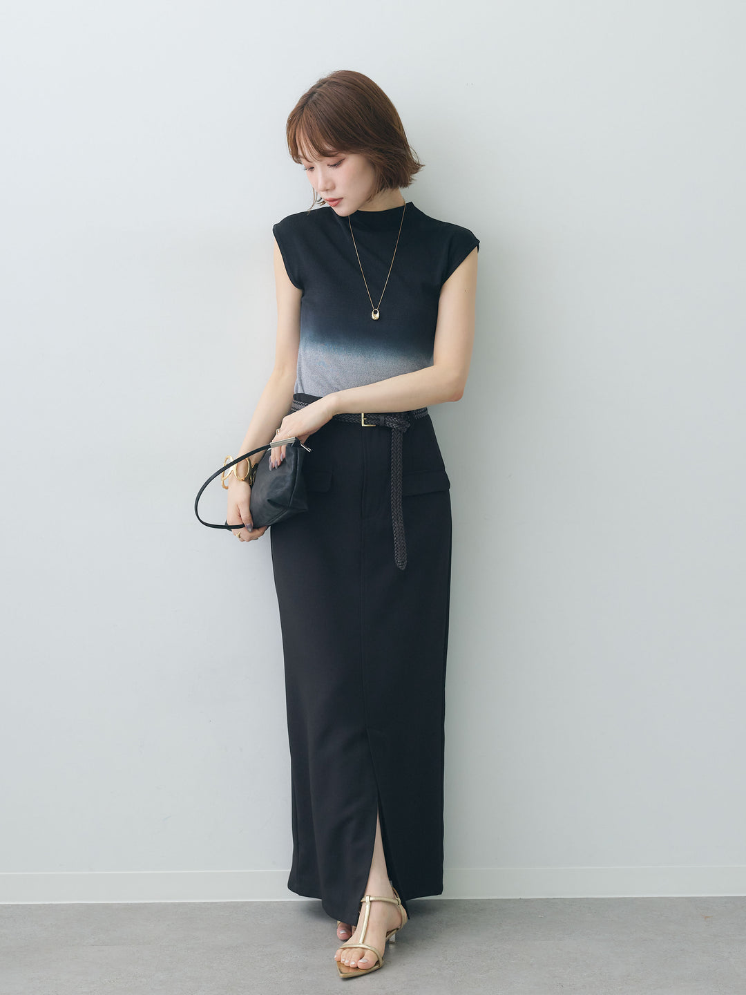 [SET]グラデーションフレンチリブニットトップス+クレープデシンフラップ付きストレートスカート(2set)