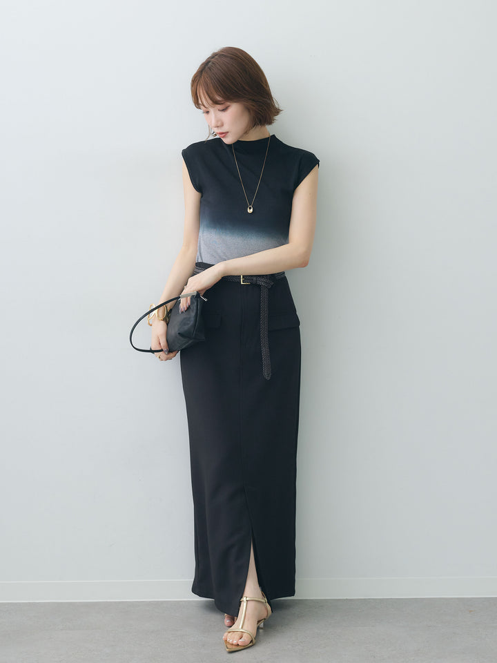 [SET]グラデーションフレンチリブニットトップス+クレープデシンフラップ付きストレートスカート(2set)