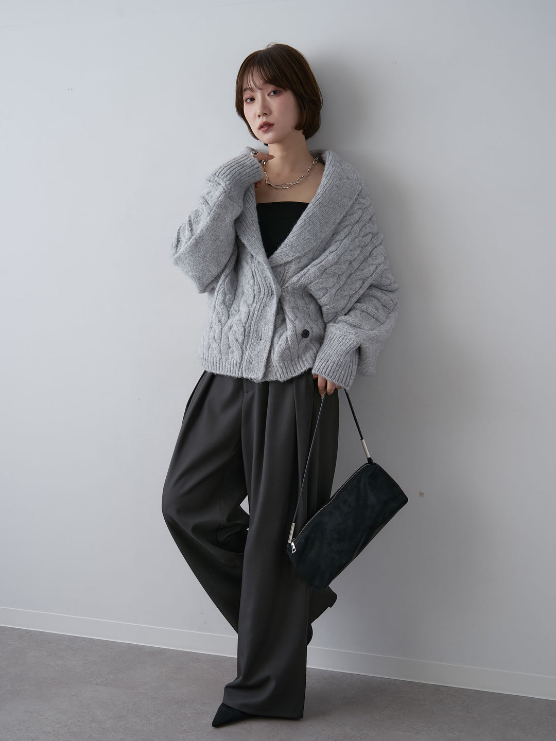 [SET]ショールカラーケーブルショートニットカーディガン+ツイルタックワイドパンツ(2set)