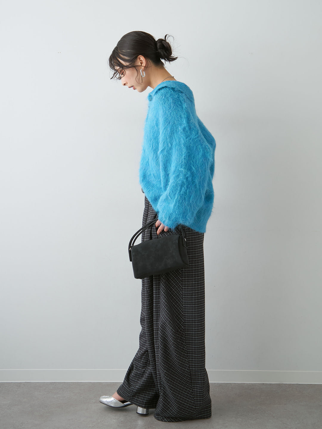 [SET]ヘンリーシャギーニットトップス+チェックタックワイドパンツ(2set)