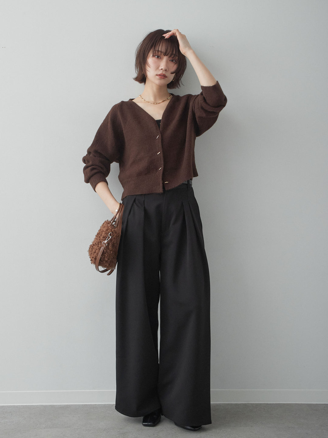 [SET]ゴールドラインボタンカーディガン+クレープデシンタックワイドパンツ(2set)
