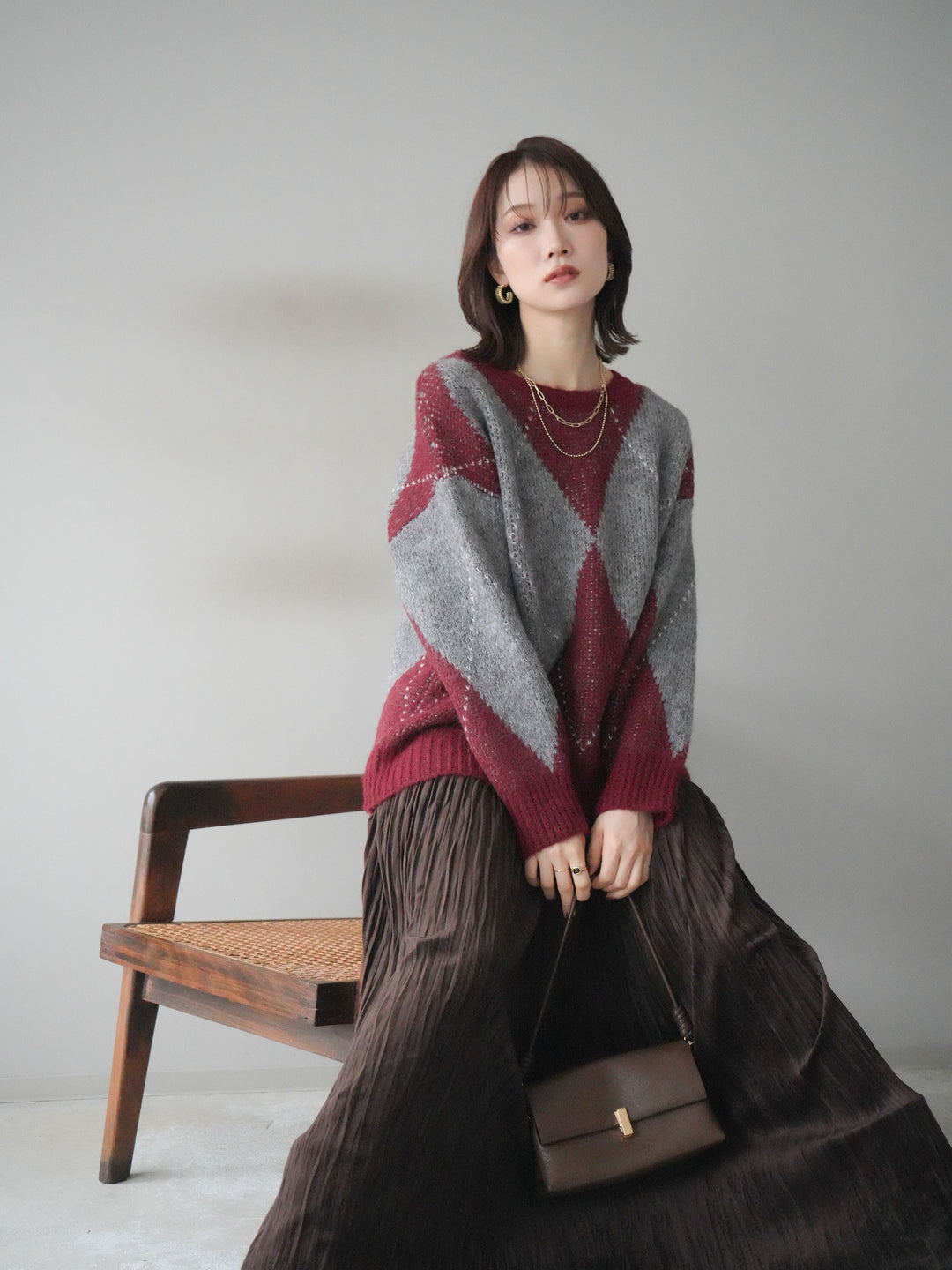 [SET]アーガイルオーバーニットプルオーバー+スエードワッシャープリーツスカート(2set)