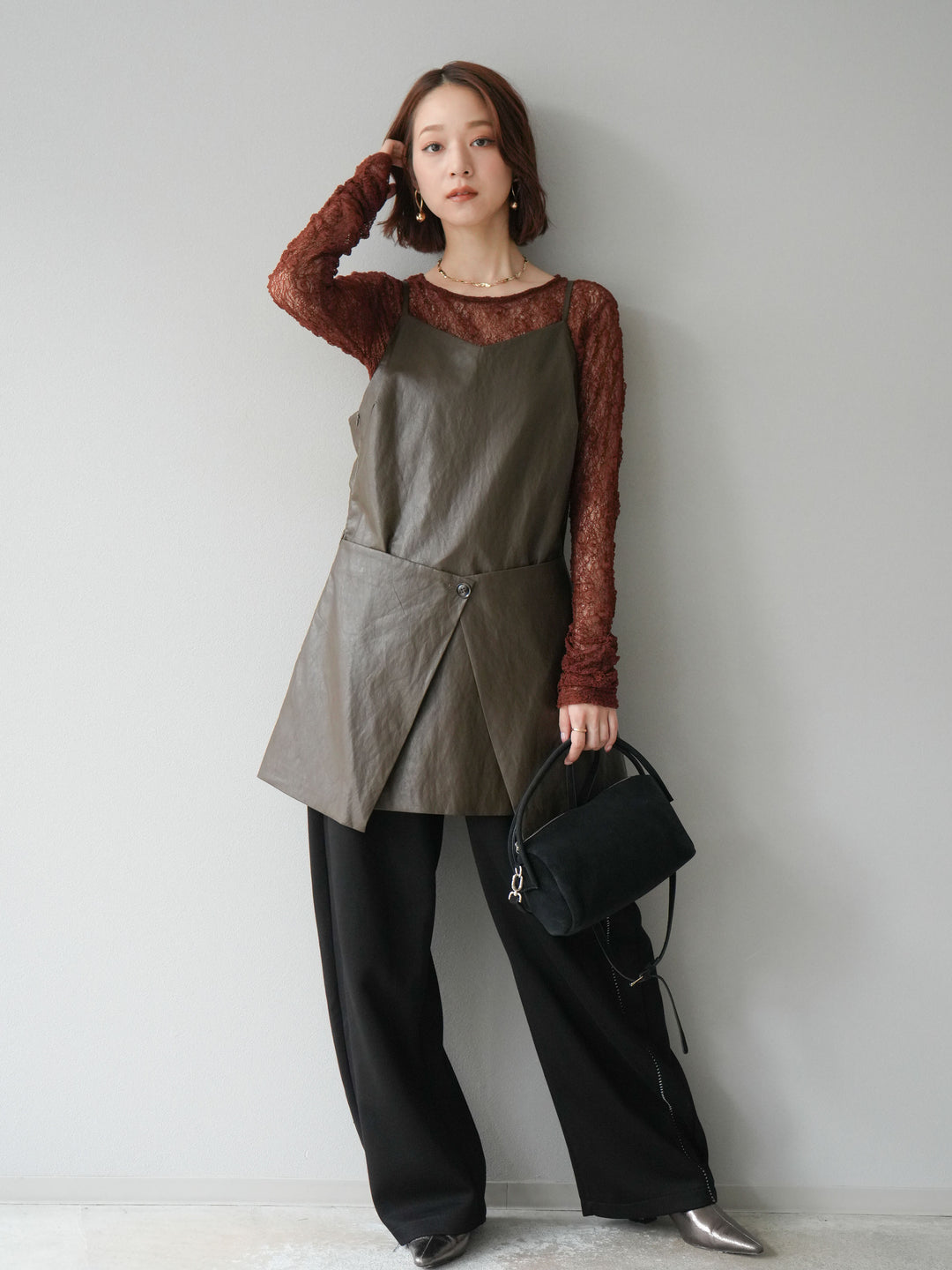 [予約]レイヤードレザーキャミソールチュニック/ブラウン