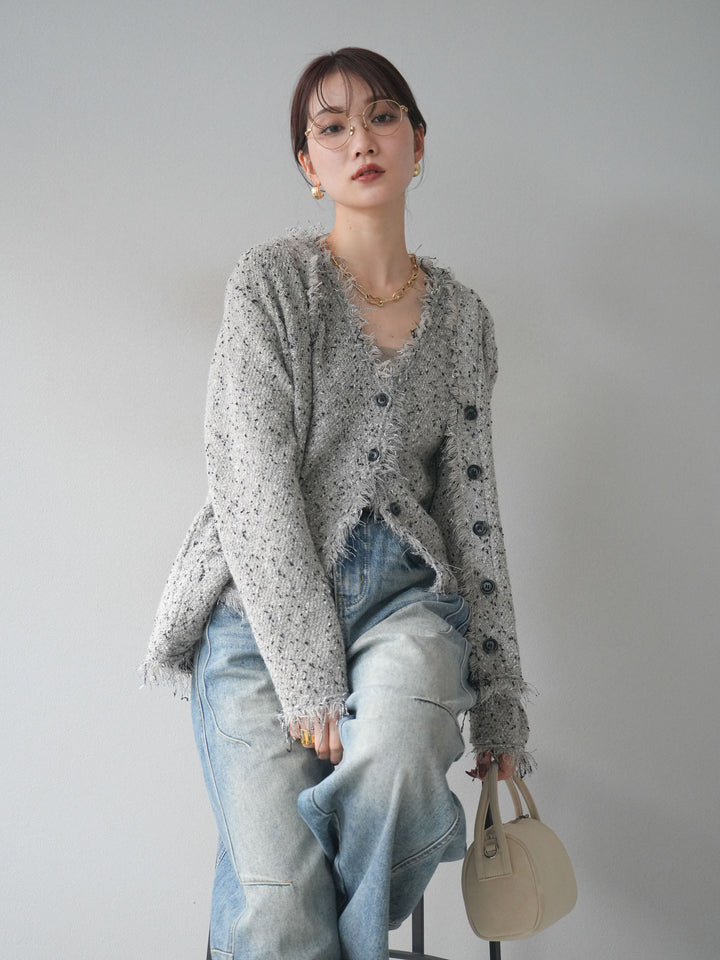 [予約]ネップフリンジニットカーディガン/khaki