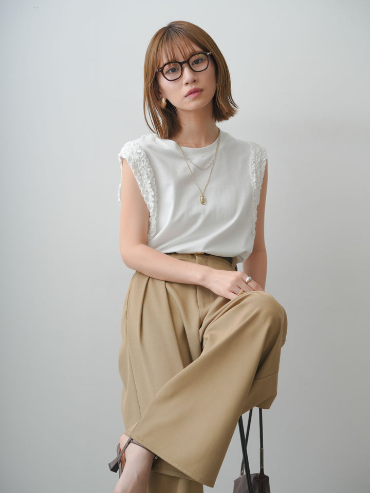 [SET]ホイップフリルフレンチTEE+クレープデシンタックワイドパンツ(2set)