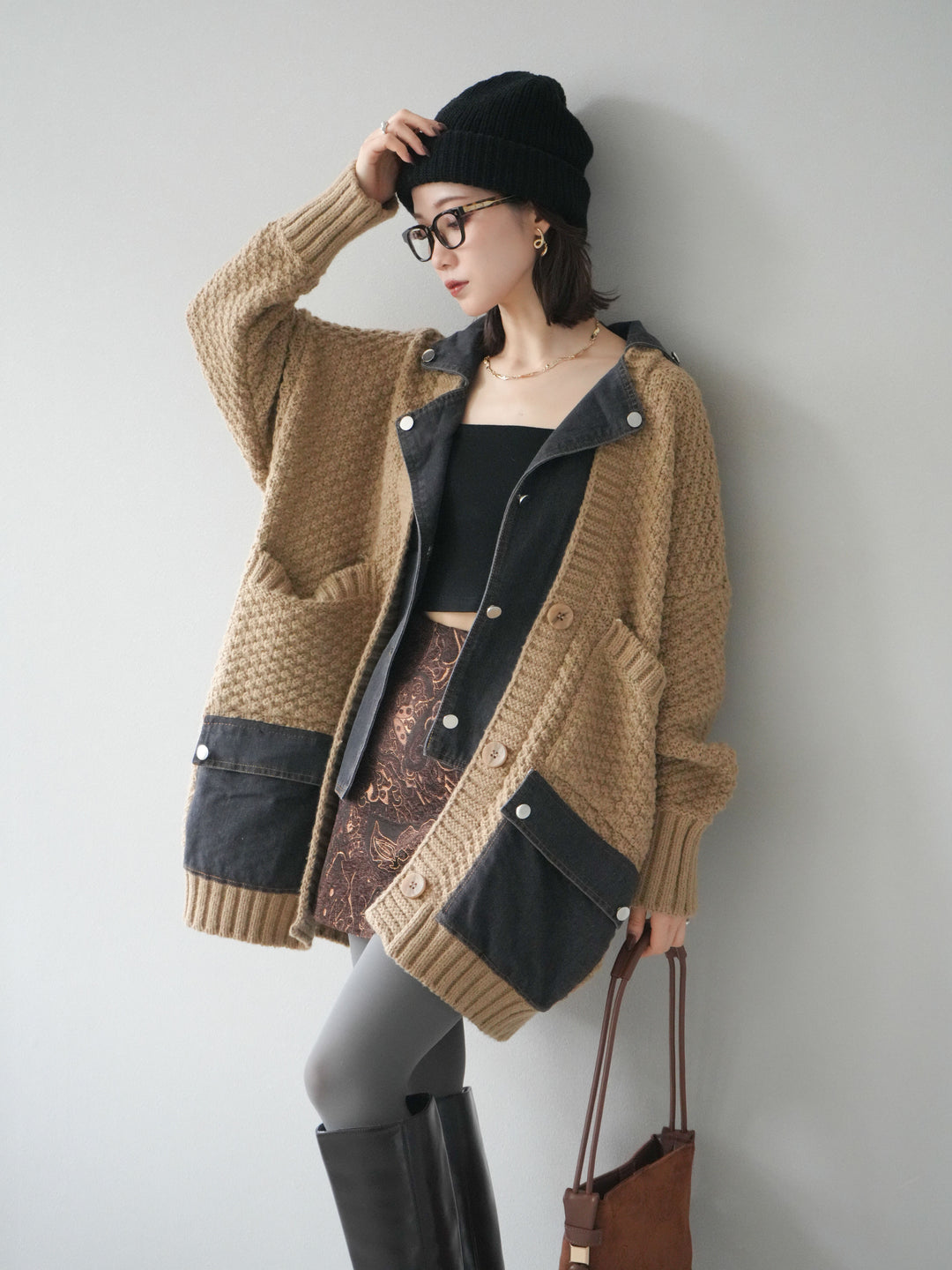 [SET]デニム襟レイヤードニットジャケット+デニム襟レイヤードニットジャケット(2set)